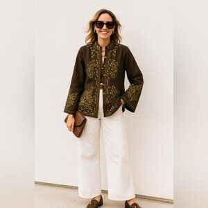 Silk Land Petite Brown Embroidered Mandarin Collar Boho Festival Jacket Size S